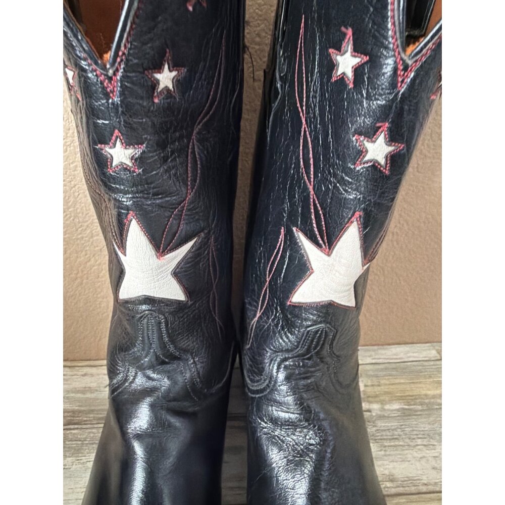 Lucchese Classics Star Inlay Cowboy Boots Black Leather USA Vintage 10.5 w/FLAW - Picture 2 of 16